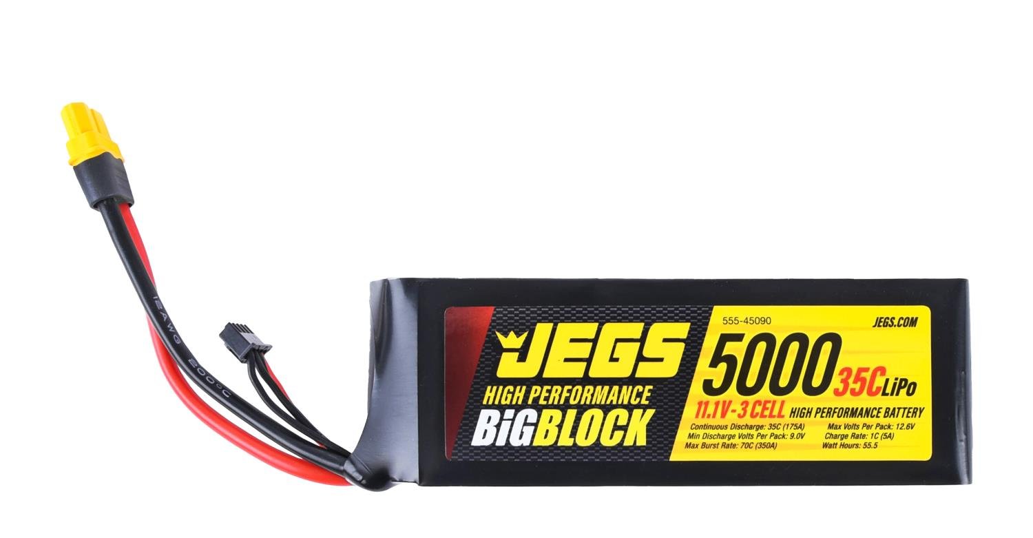 JEGS 45090: Big Block LiPo Battery | Cell Count: 3 | Volts: 11.1V |  Capacity: 5000 mAh | C-Rate: 30C | Continuous Discharge: 150A | Max Burst  Rate: 300A | Max. Voltage: