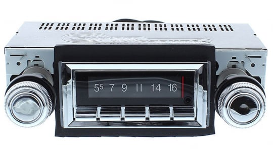 JEGS 555-48235: Classic 740 Series Radio | 1954-1955 Cadillac DeVille,  Eldorado, Series 60, 62, 75 | 740 Series | Chrome Bezel | Chrome Knobs |  AM-FM Stereo | 300 Watt | 25 Pre-Sets | AUX Input | USB Port - JEGS
