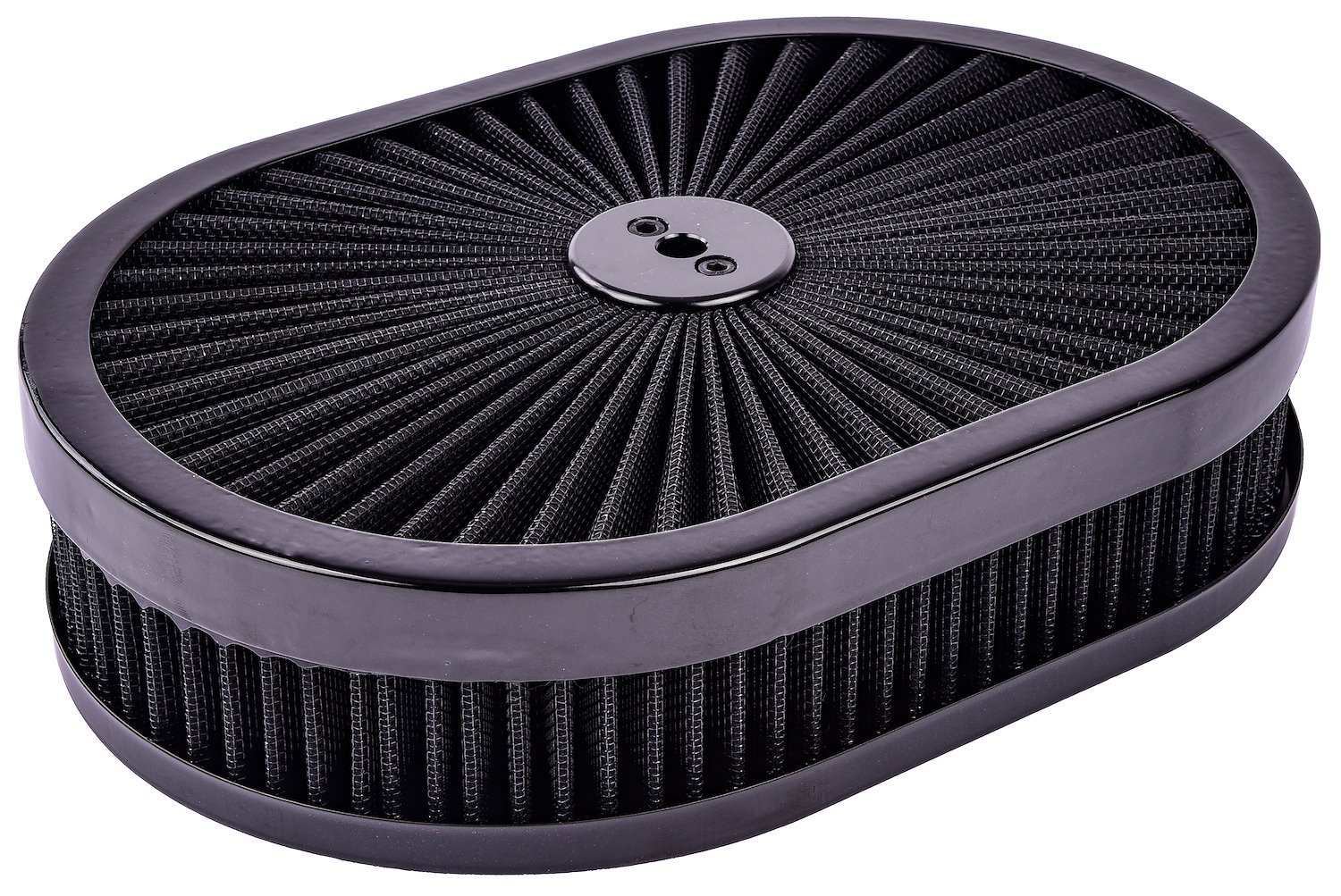JEGS 500082: Oval Flow-Thru Air Cleaner Assembly | 11.5 in. x 2 in. |  Includes: Filter-Top Lid with Black Trim, Black Flat Base, 2 in. Washable,  Reusable Filter Element - JEGS