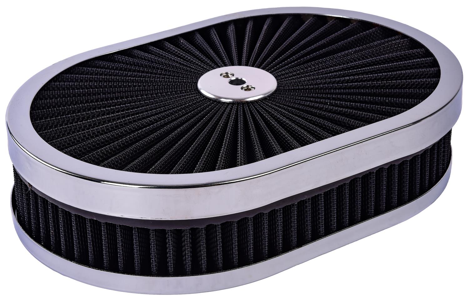 JEGS 500083: Oval Flow-Thru Air Cleaner Assembly 11.5 in. x in.  Includes: Filter-Top Lid with Chrome Trim, Chrome Flat Base, in.  Washable, Reusable Filter Element JEGS