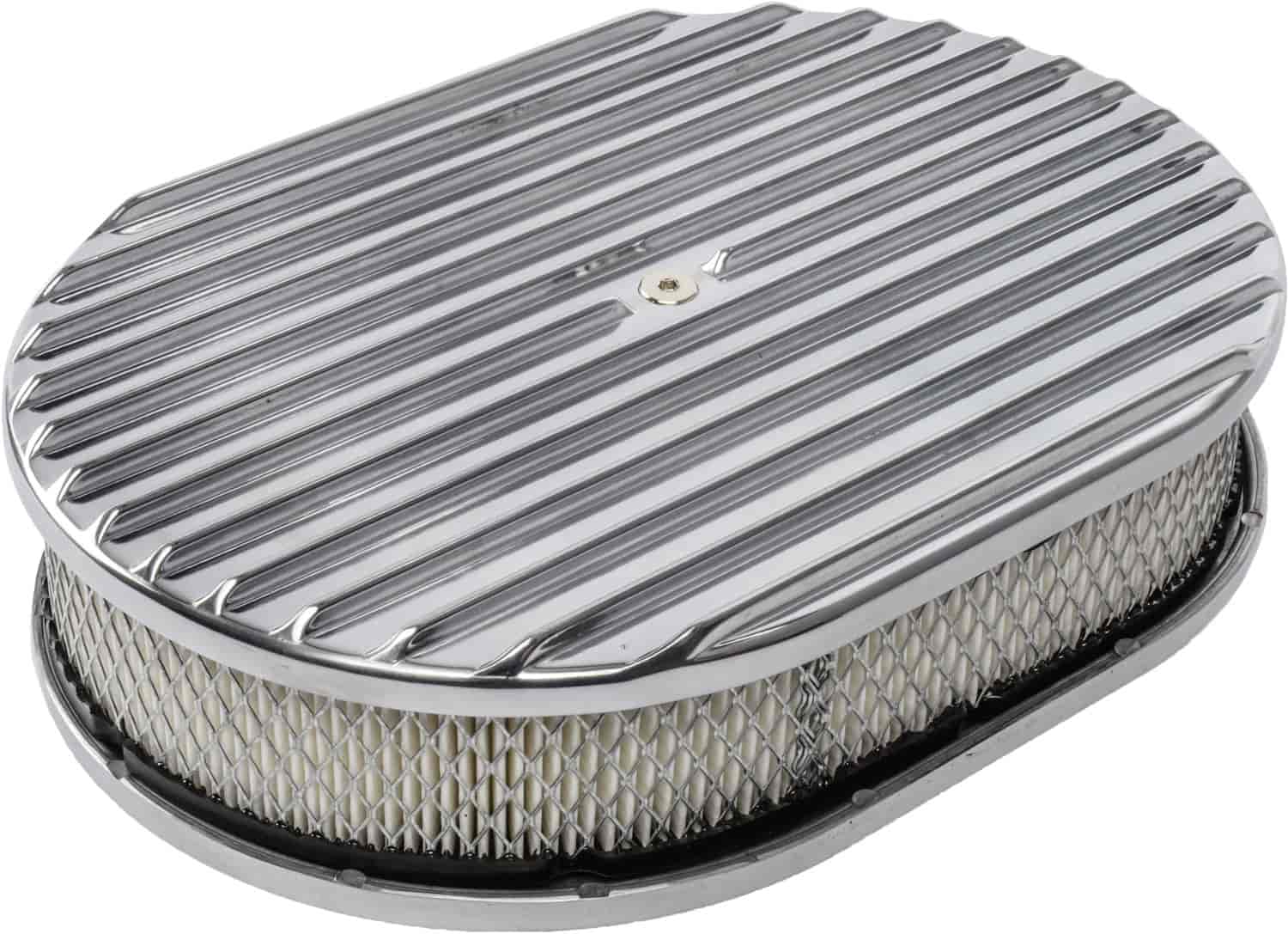 JEGS Finned Aluminum Air Cleaner Oval 15 in. L x 8 1/4 in. W x 3 in. H  [Black]