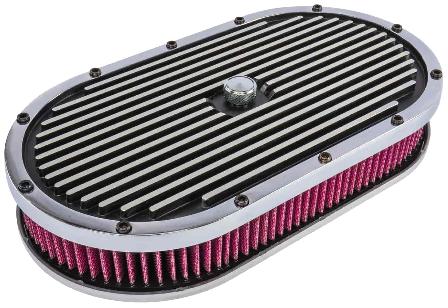 JEGS 500100: Finned Aluminum Air Cleaner Oval 15 in. L x 8 in. W x 3 in. H  [Black] - JEGS