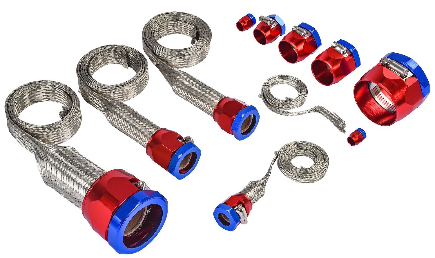 JEGS 50533: Braided Hose Sleeving Kit Includes: Stainless Steel  Cut-to-Length Sleeving, (2) Fuel Line Clamps, (2) Vacuum Line Clamps, (2) Radiator  Hose Clamps, (2) 5/8 in. Heater Hose Clamps, (2) 3/4 in.