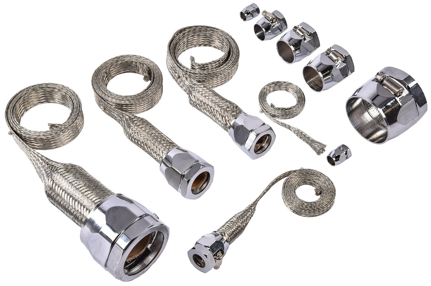 JEGS 50534: Braided Hose Sleeving Kit Includes: Stainless Steel Cut-to-Length  Sleeving, (2) Fuel Line Clamps, (2) Vacuum Line Clamps, (2) Radiator Hose  Clamps, (2) 5/8 in. Heater Hose Clamps, (2) 3/4 in.