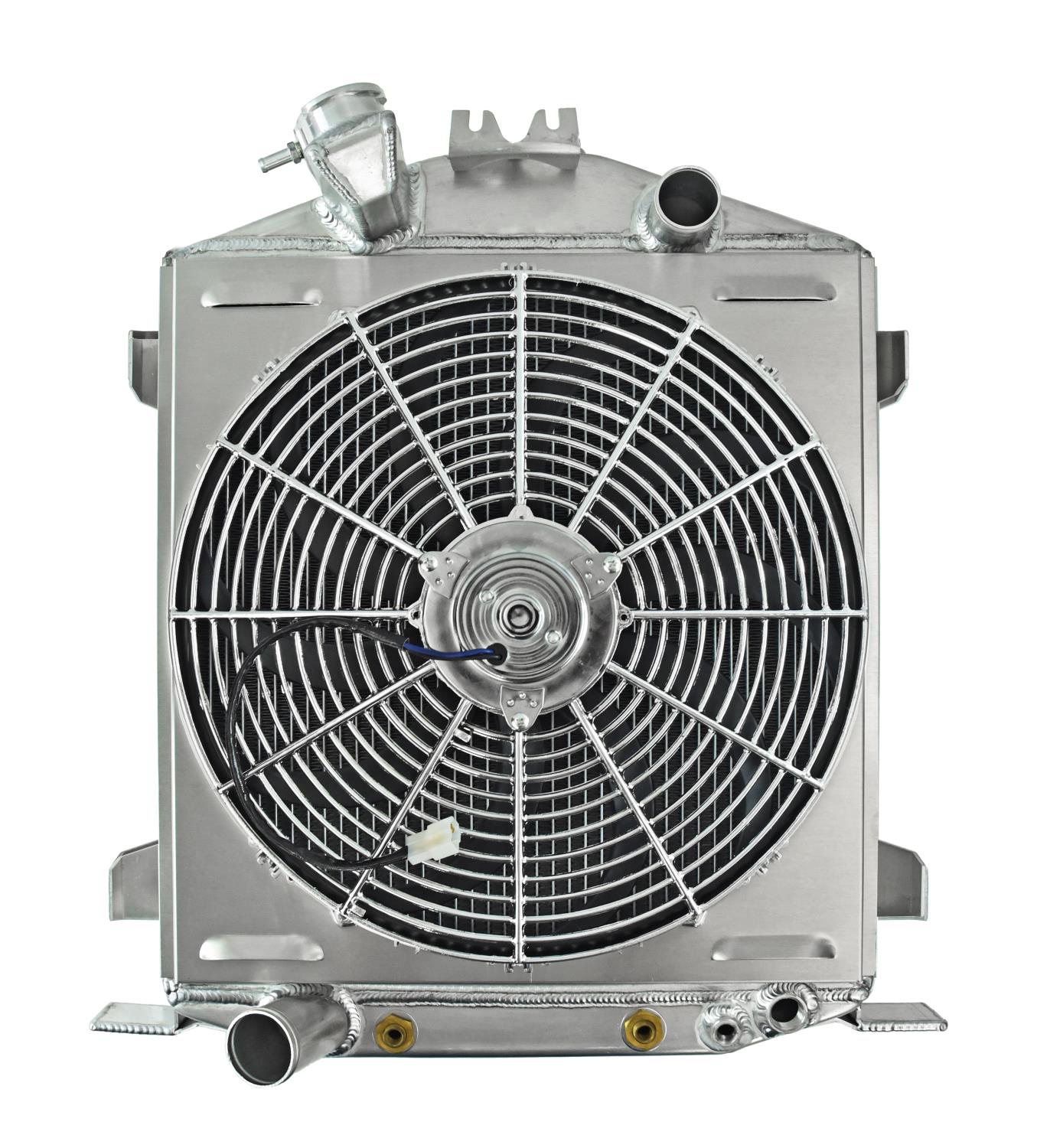 JEGS 555-511496: Aluminum Radiator & Fan Combo | 1932 Ford LO-BOY w/Ford V8  Engine | Direct Fitment | Fits w/Chopped Grill | 2-Row 1 1/8 in. Wide High  Flow Tubes | Aluminum<li>Semi-Polished
