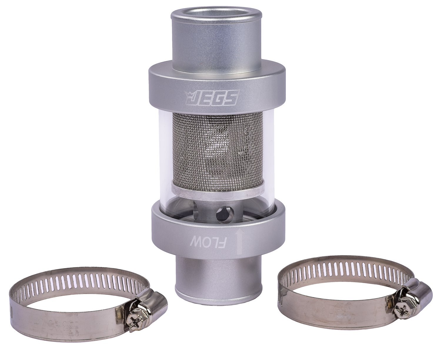 JEGS 53262: Inline Coolant Filter | 1 1/2 in. OD | Silver Anodized Finish |  Billet Aluminum Ends | Glass Center | Stainless Steel Filter | Includes (1)  Filter, & (2) Hose Clamps - JEGS