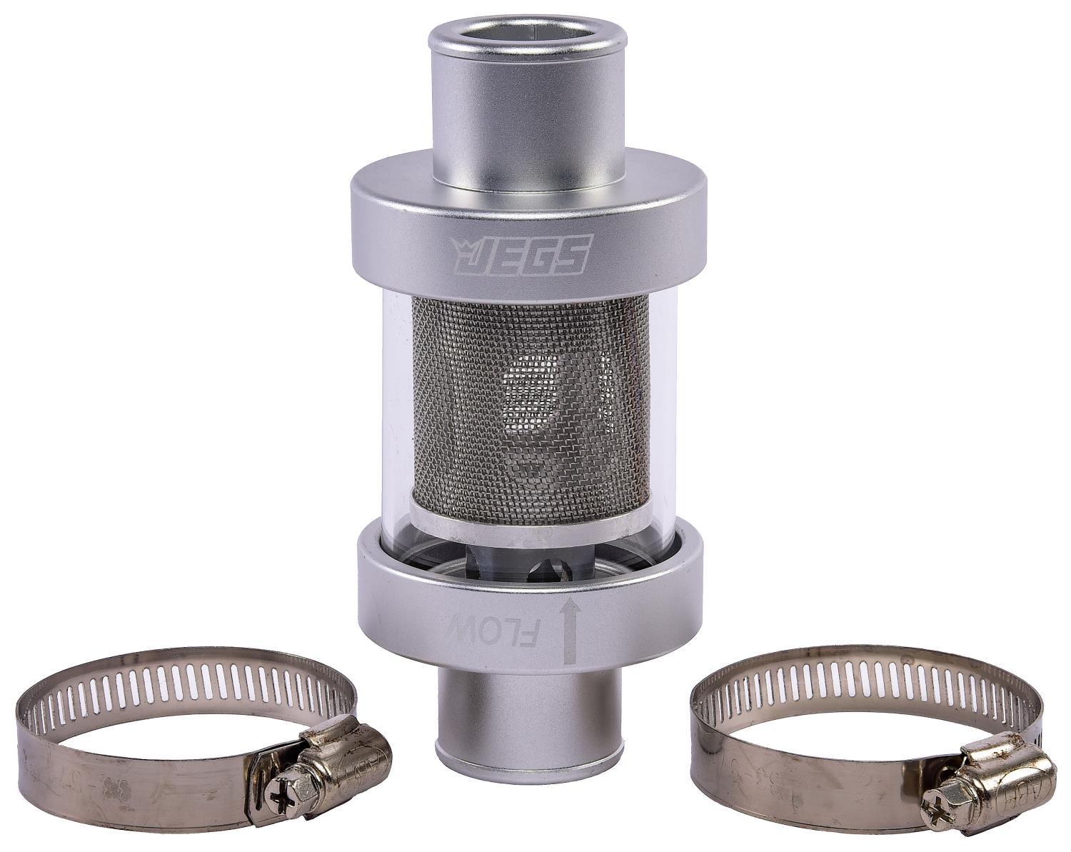 JEGS 53266: Inline Coolant Filter | 1 1/4 in. OD | Silver Anodized Finish |  Billet Aluminum Ends | Glass Center | Stainless Steel Filter | Includes (1)  Filter, & (2) Hose Clamps - JEGS