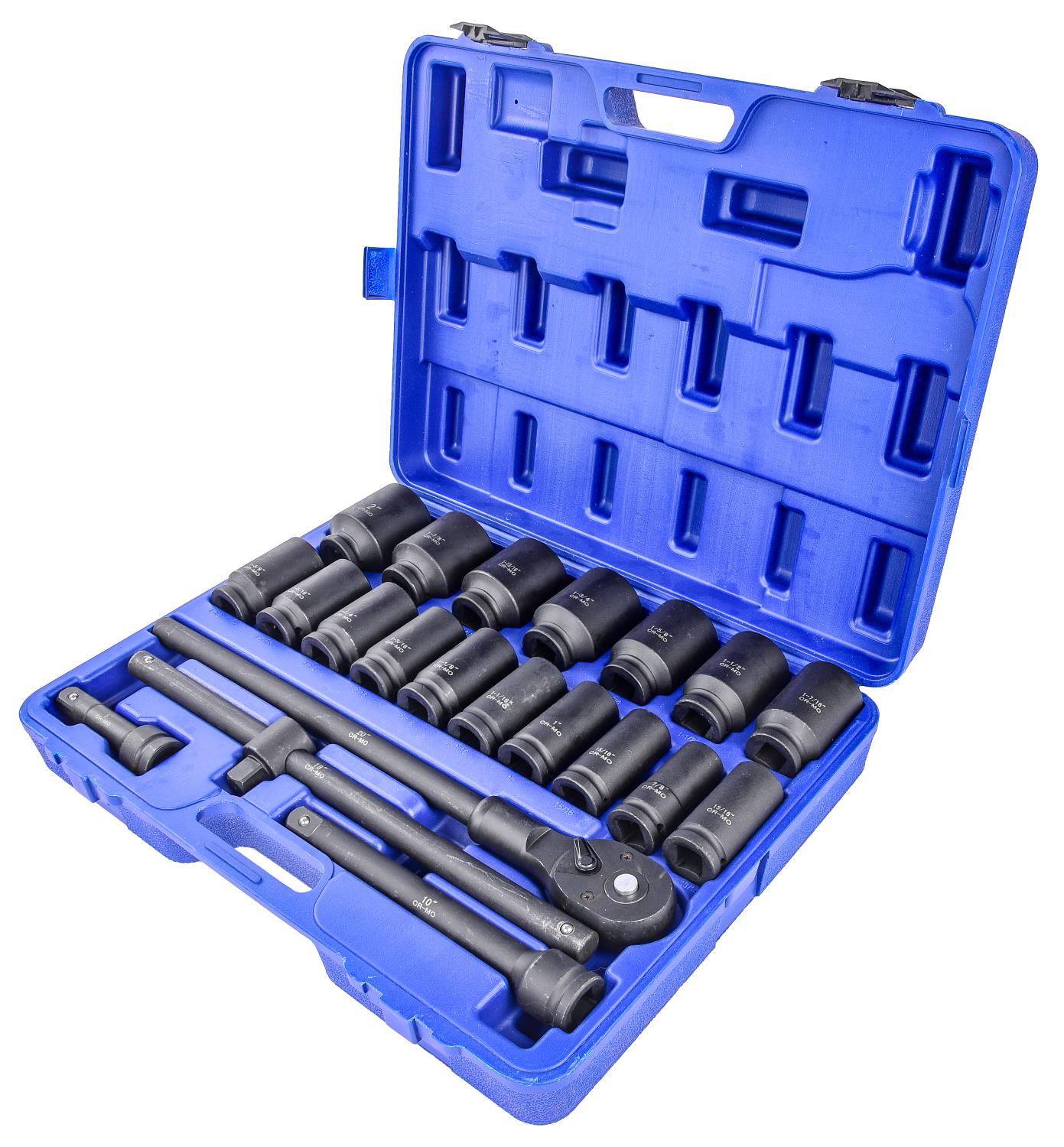 JEGS 58200: 22-Piece Impact Socket Set | 3/4 in. Drive | SAE | 6-Point |  Deep Impact | Black-Oxide Coated Chrome-Moly Steel | Includes: (1) 3/4 in.  Ratchet, (1) 5 in. Ext., (1) 10 in. Ext., (1) 18 in. Sliding "T" Bar, (17)  Sockets - JEGS