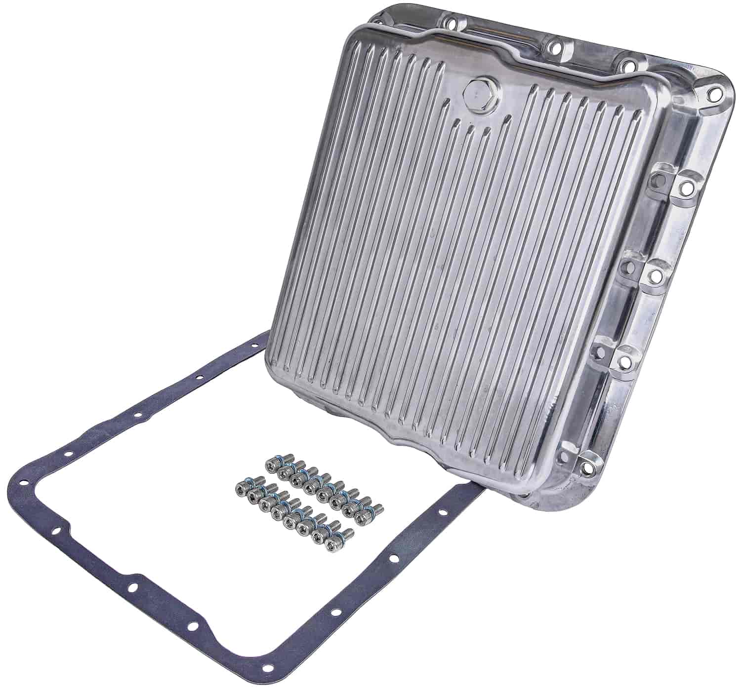 JEGS Transmission Pan Fits GM Chevrolet TH-350 Transmissions Finned Polished Aluminum 2-5 16” Deep Includes Magnetic Drain Plug, Gasket, An - 4