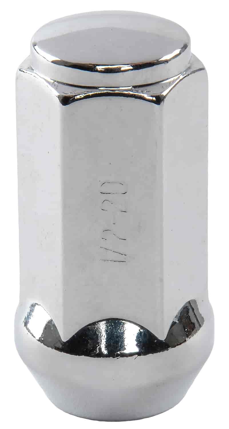 JEGS 65214: Bulge Acorn Lug Nuts Long Closed-End 1/2 in.-20 RH Thread  1.750 in. Long Steel Chrome Finish Set of JEGS