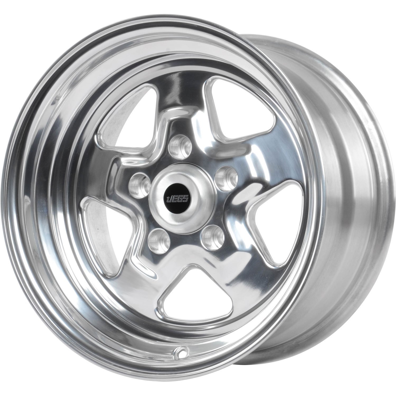 JEGS 66072: Sport Star 5-Spoke Wheel | Size: 15" x 8" | Bolt Pattern: 5 x  4.75" | Cast Aluminum | Polished Lip with Black Spoke Finish - JEGS