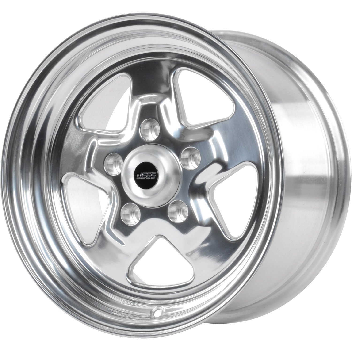 JEGS 66078: Sport Star 5-Spoke Wheel | Size: 15" x 8" | Bolt Pattern: 5 x  4.75" | Cast Aluminum | Polished Lip with Black Spoke Finish - JEGS