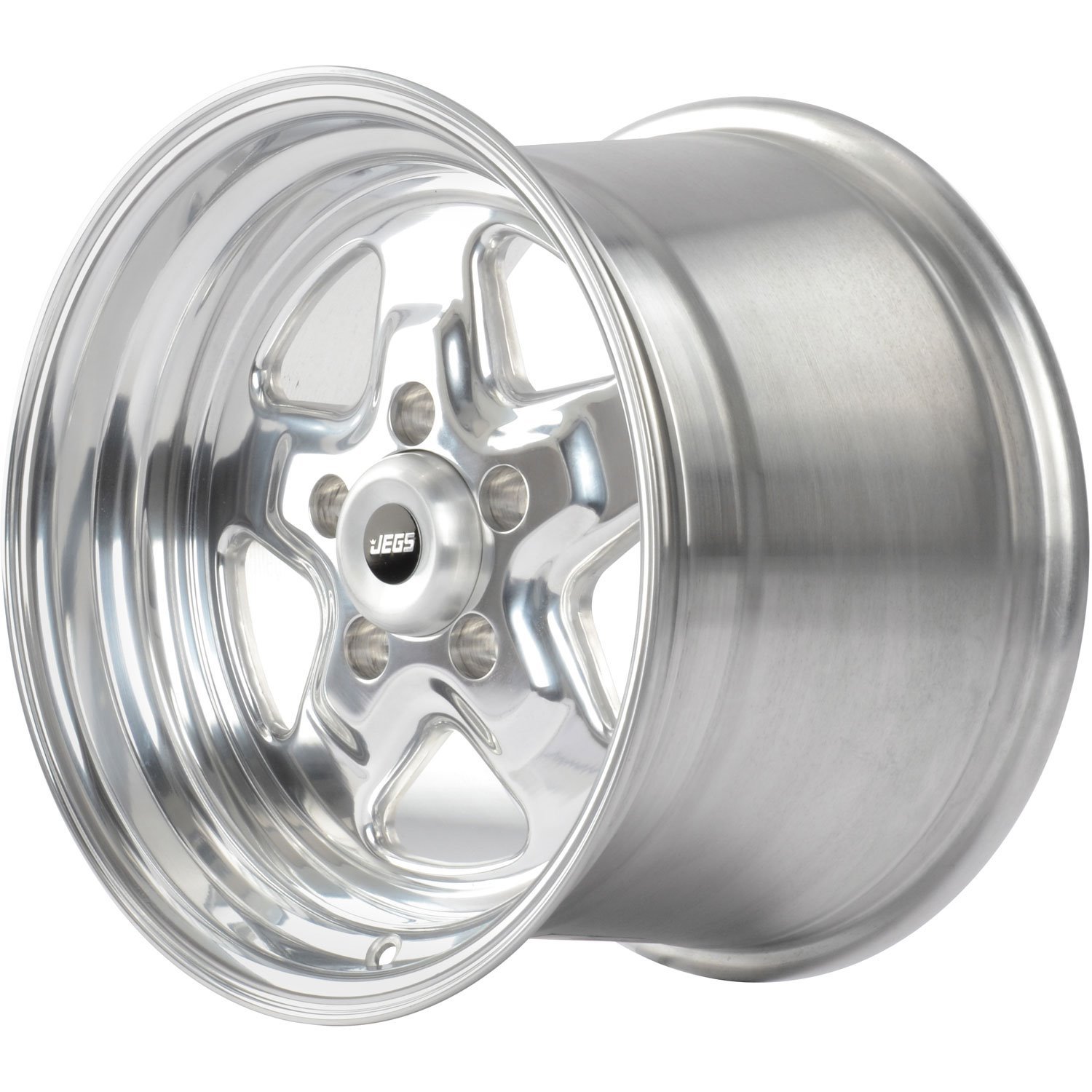 JEGS 66087: Sport Star 5-Spoke Wheel | Size: 15" x 10" | Bolt Pattern: 5 x  4.50" | Cast Aluminum | Polished Lip with Black Spoke Finish - JEGS