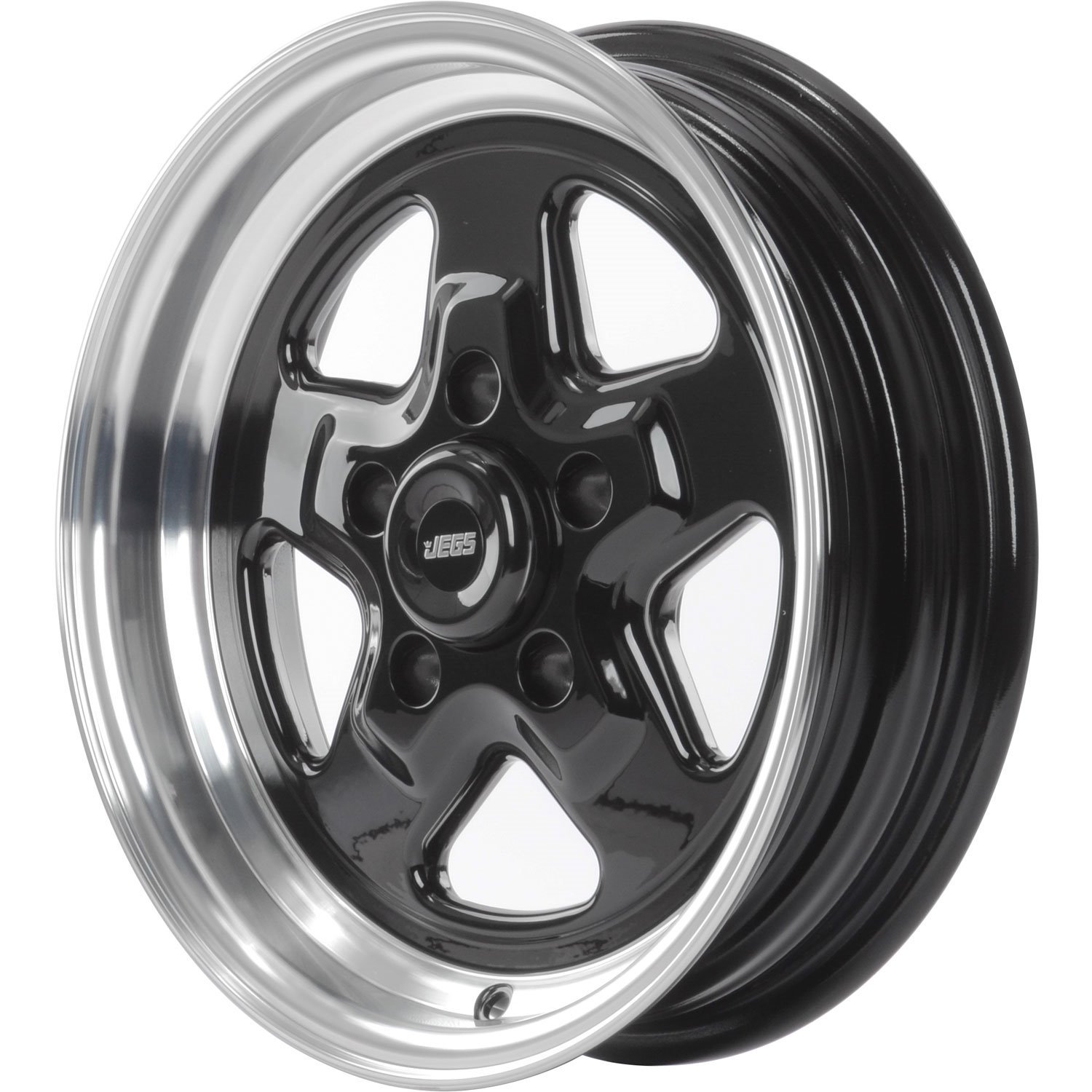 JEGS 66151: Sport Star 5-Spoke Wheel | Size: 15" x 4" | Bolt Pattern: 5 x  4.75" | Cast Aluminum | Polished Outer Lip w/ Black Spokes - JEGS