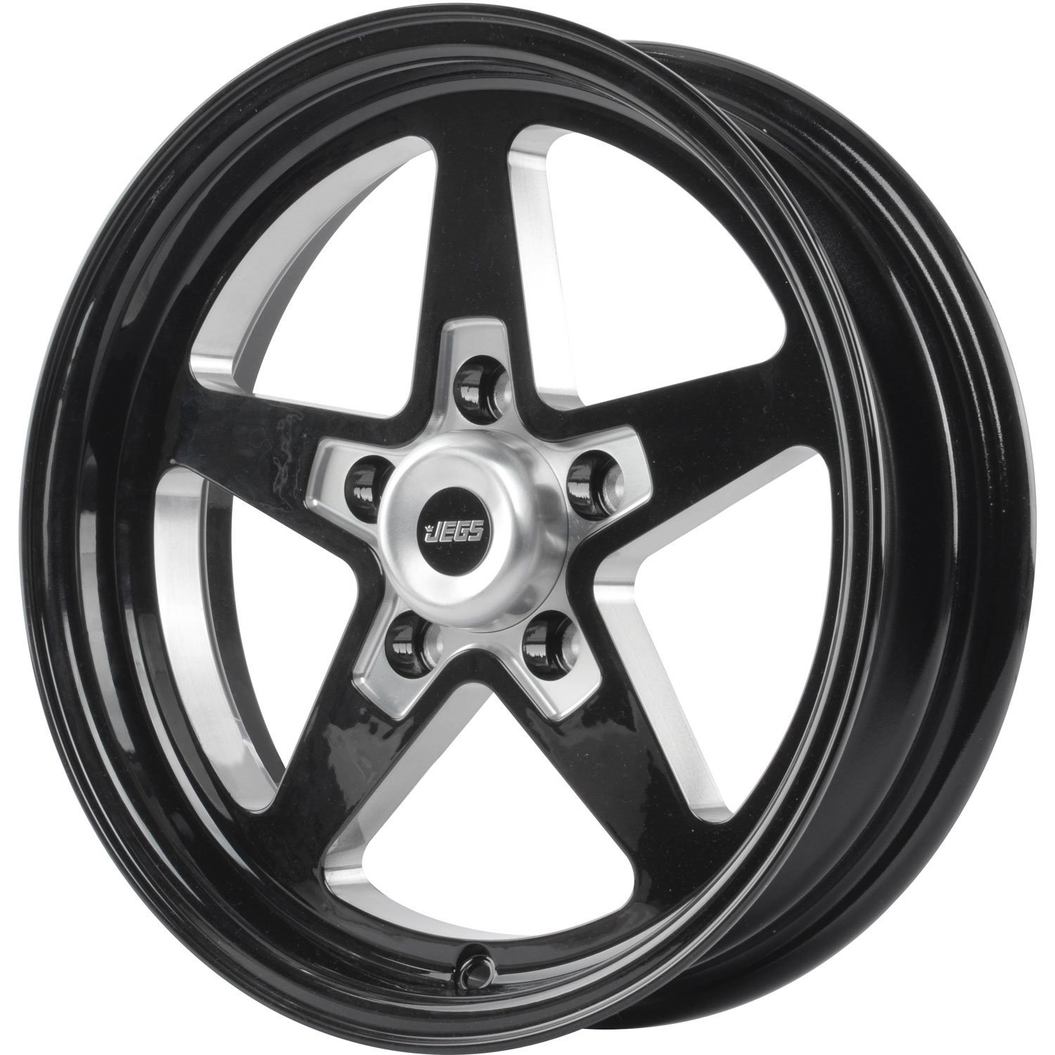 JEGS 681251: SSR Star Wheel [15" x 4"] | Bolt Pattern: 5 x 4.50" | Black  Powder Coat | Includes center cap | DOT Approved | Back Spacing: 1.75" |  Offset: -19 mm | Each - JEGS