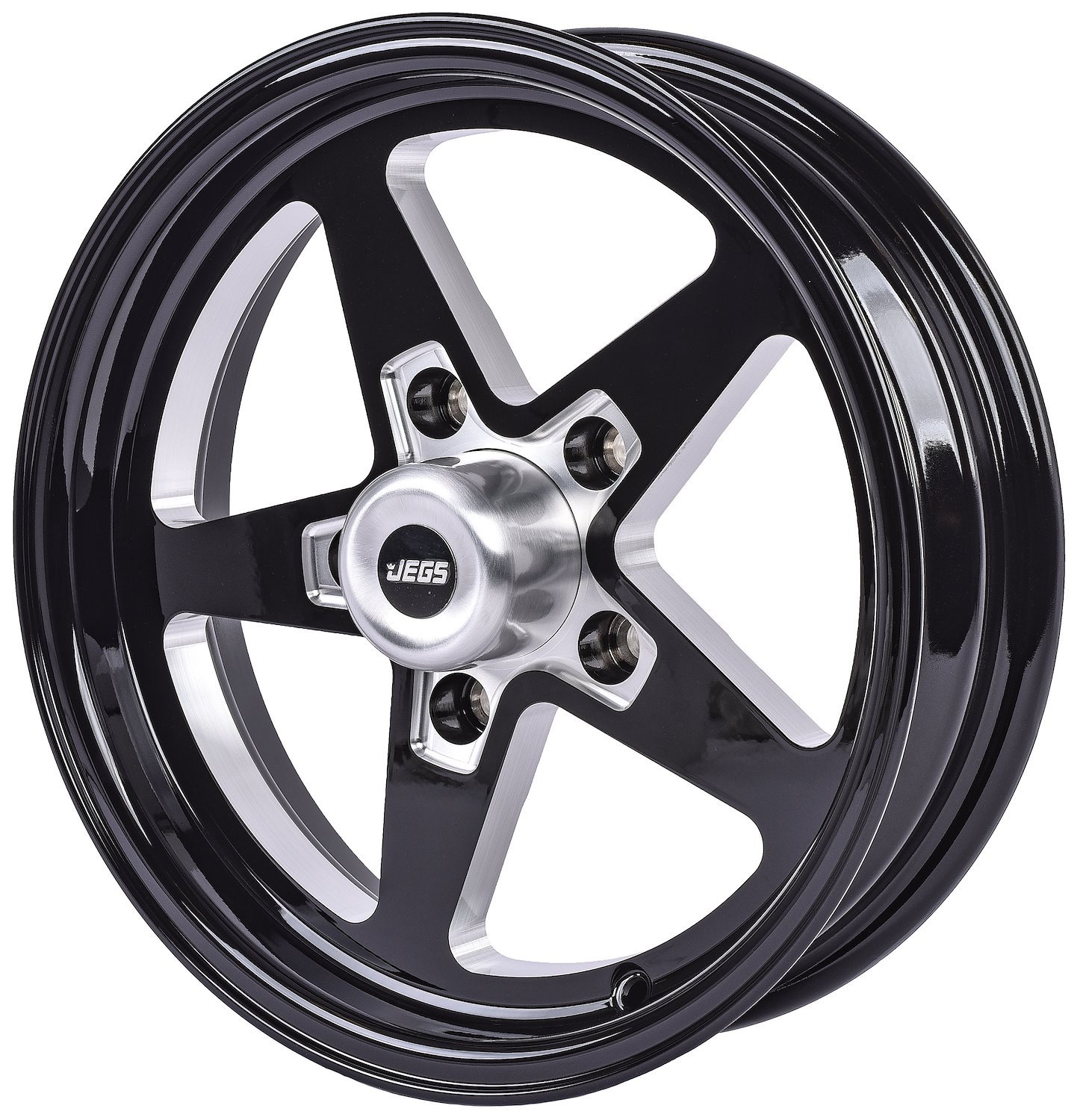 JEGS 681252: SSR Star Wheel [15" x 4"] | Bolt Pattern: 5 x 5.00" | Black  Powder Coat | Includes center cap | DOT Approved | Back Spacing: 1.75" |  Offset: -19 mm | Each - JEGS
