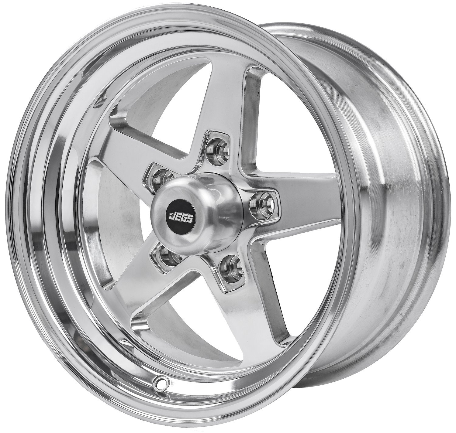 JEGS 681276: SSR Star Wheel [15" x 8"] | Bolt Pattern: 5 x 5.00" | Polished  | Includes center cap | DOT Approved | Back Spacing: 4.5" | Offset: 0 mm |  Each - JEGS