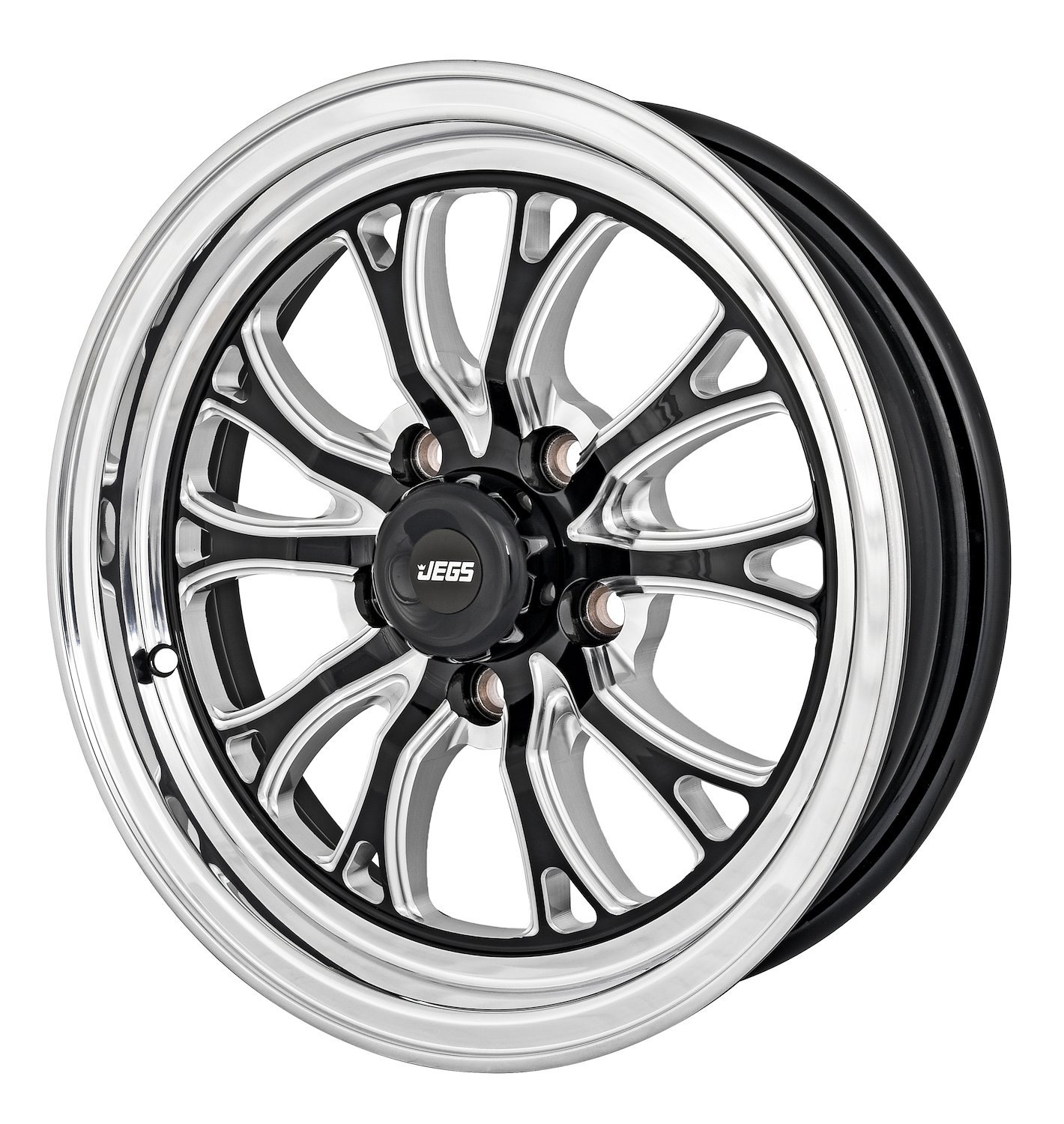 JEGS 555-681371: SSR Spike Wheel | Size: 15" x 4" | Bolt Pattern: 5 x 4.75"  | Back Spacing: 1.75" | Offset: -19 mm | Center Bore: 3.27" | Load Rating:  1900 lbs. | Finish: Polished Outer Lip with Black Milled Spokes | Compare  to 555-681405 - JEGS