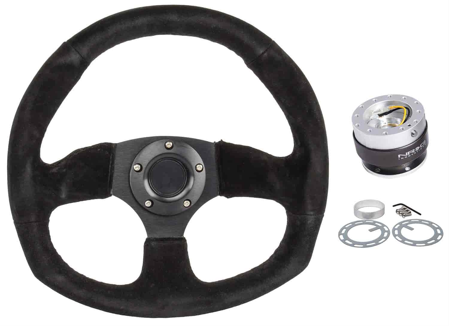 JEGS 70438K3: Racing Steering Wheel Kit Includes: Aluminum Racing  Steering Wheel, 13 1/2 in. Dia., Black 3-Spoke, in. Dish with Black Suede  Full Wrap Grip  Yellow Center Marker, Steering