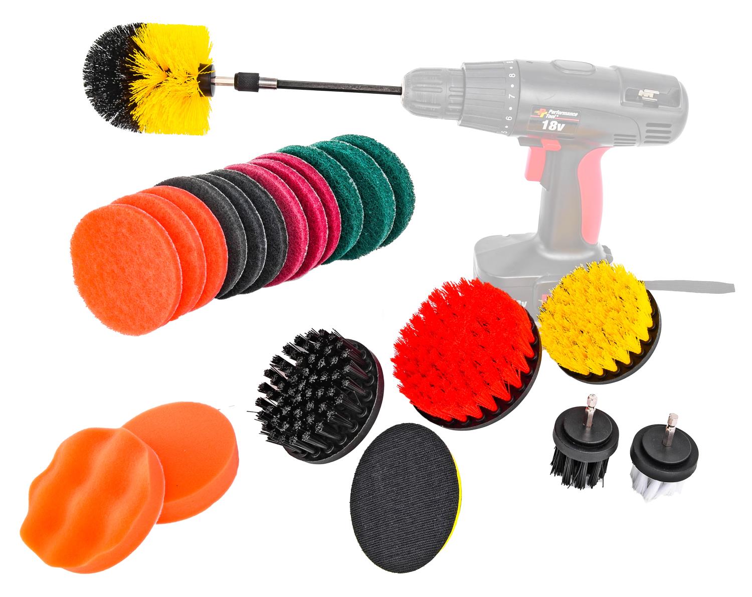 JEGS Power Tool Brush Set:Power Tool Brush Set  22-Piece Set Includes: (5)  Flat Disc Nylon Brushes, (1) Dome Shaped Nylon Brush, (2) Polishing Sponge  Discs, (15) Scrub Discs - Varying Hardness, (
