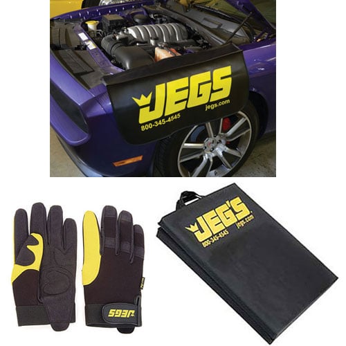 JEGS Pit Kit With Small/Size 8 gloves, pit mat, and fender cover
