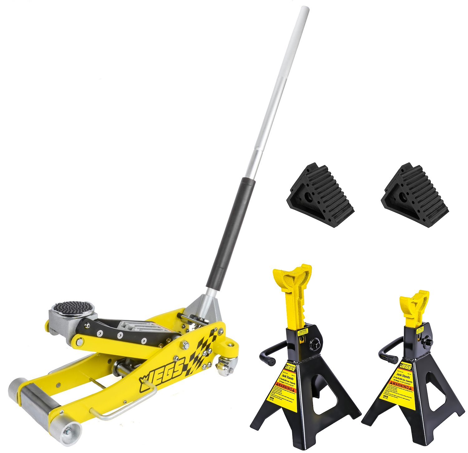 JEGS 80077K4: Floor Jack and Jack Stand Kit | Includes Aluminum 3-Ton Floor  Jack, Aluminum 3-Ton Jack Stands, and Rubber Wheel Chocks - JEGS