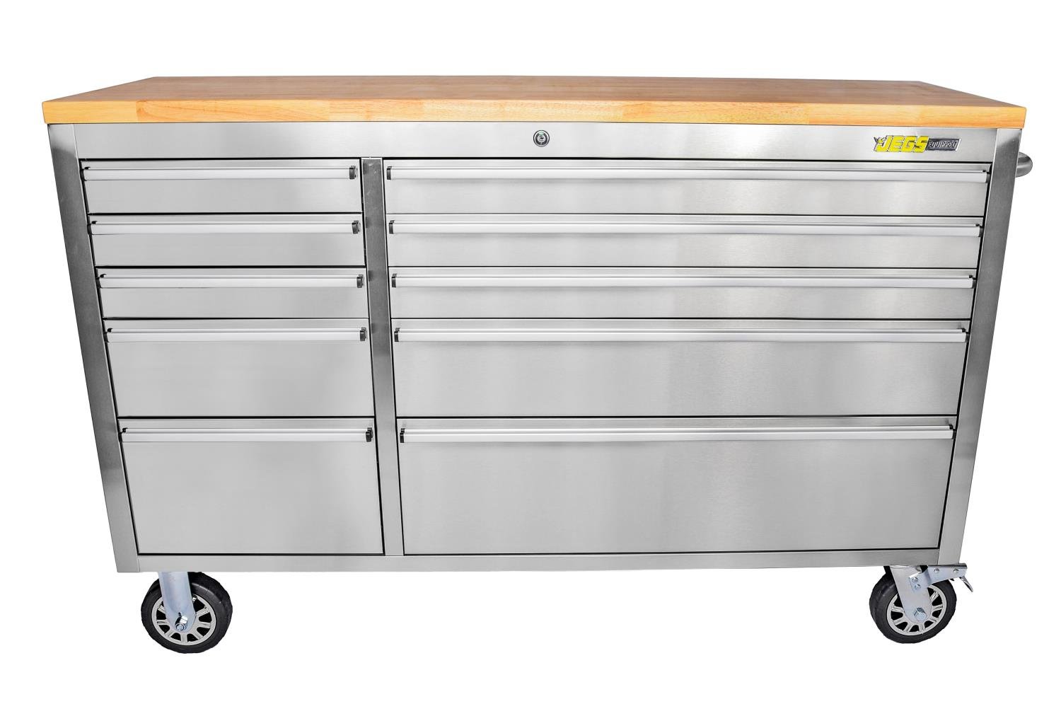 JEGS 555-81446: 55 in. Tool Cabinet | Anti-Fingerprint Stainless Steel |  Includes (10) Lockable Drawers with Ball Bearing Soft-Close Slides,  Composite Wood Butcher Block Top, (4) 110v Outlets, (2) USB Ports, (4) 6  in. Casters (2) Locking - JEGS