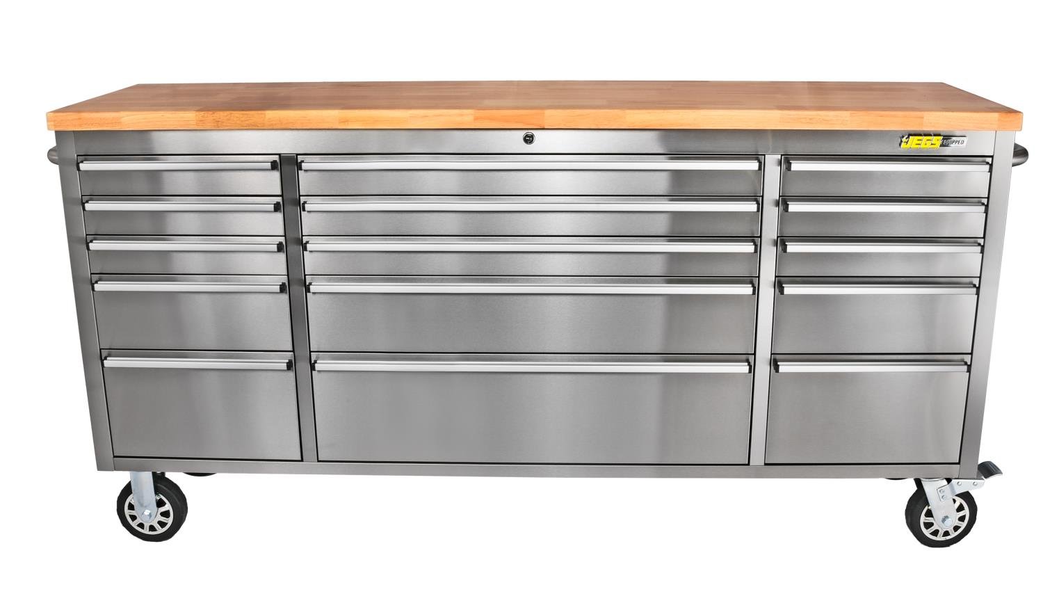 JEGS 555-81448: 72 in. Rolling Tool Cabinet | Stainless Steel | Includes:  (15) Lockable Drawers w/ Ball Bearing Soft-Close Slides, Composite Wood  Top, (4) 110v Outlets, (2) USB Ports, (4) 6 in. Casters (2) Locking, (2)  Pull Handles - JEGS