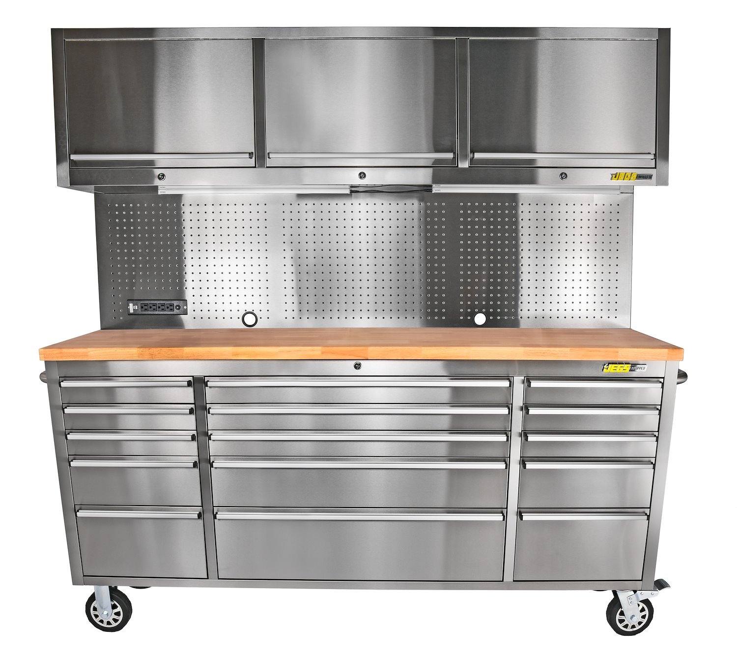JEGS 555-81451: 72 in. Rolling Tool Cabinet | Stainless Steel | Includes:  (15) Lockable Drawers w/ Ball-Bearing Soft-Close Slides, (3) Upper Storage  Compartments, LED Lighting, Pegboard, Composite Wood Top, (4) Outlets, (2)  USB Ports - JEGS