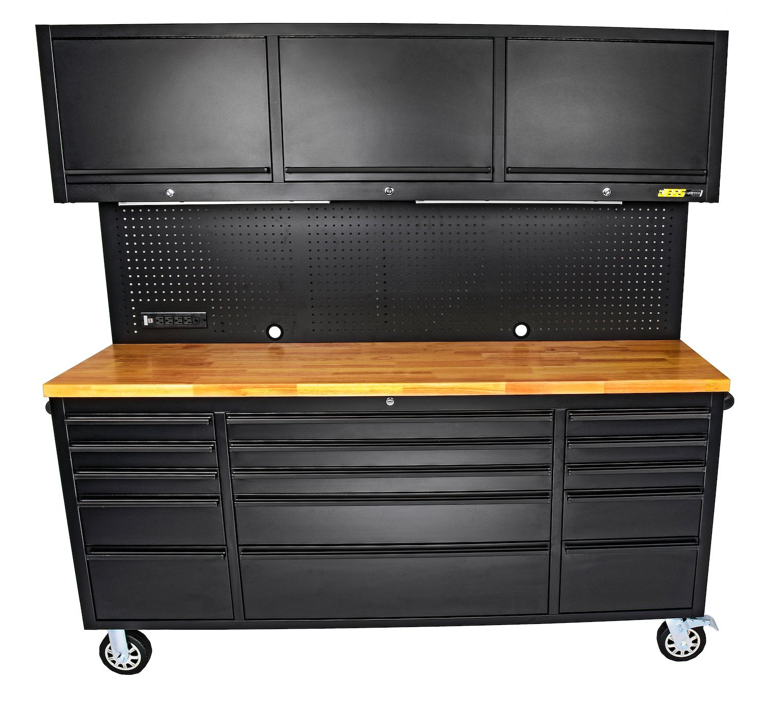JEGS 555-81453: 72 in. Rolling Tool Cabinet | Black Powder-Coated Steel |  Includes:(15) Lockable Drawers w/ Ball Bearing Soft-Close Slides, (3) Upper  Storage Compartments, Pegboard, Composite Wood Top, (4) Outlets, (2) USB  Ports - JEGS