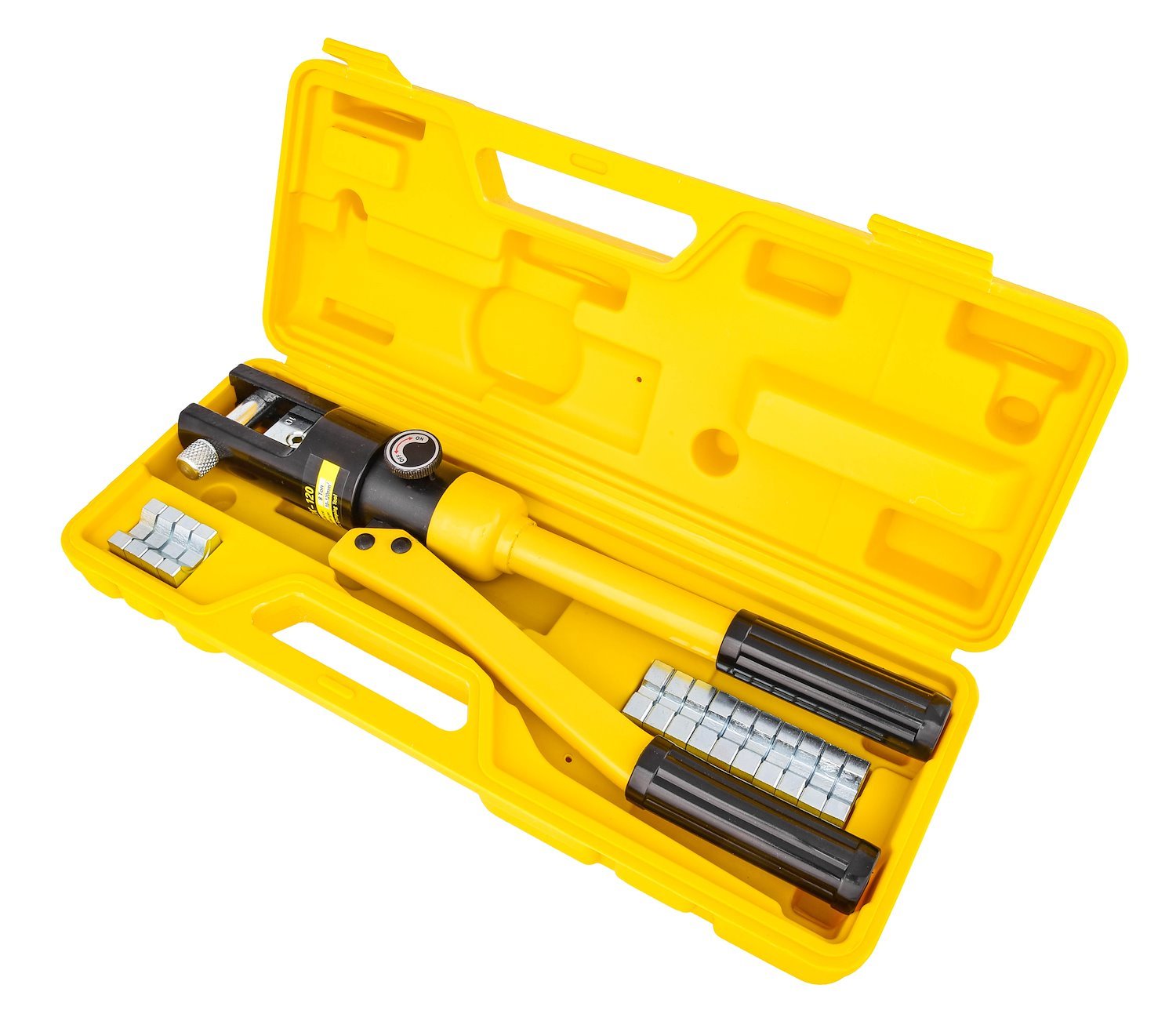 JEGS 555-81791: 8-Ton Hydraulic Wire Cable Lug Terminal Crimping Tool |  Crimps 10 to 120 mm Lugs | Black Vinyl Grip Handles | Powder Coated Finish  | Includes 10, 16, 25, 35, 50, 70, 95, 120 mm Dies - JEGS