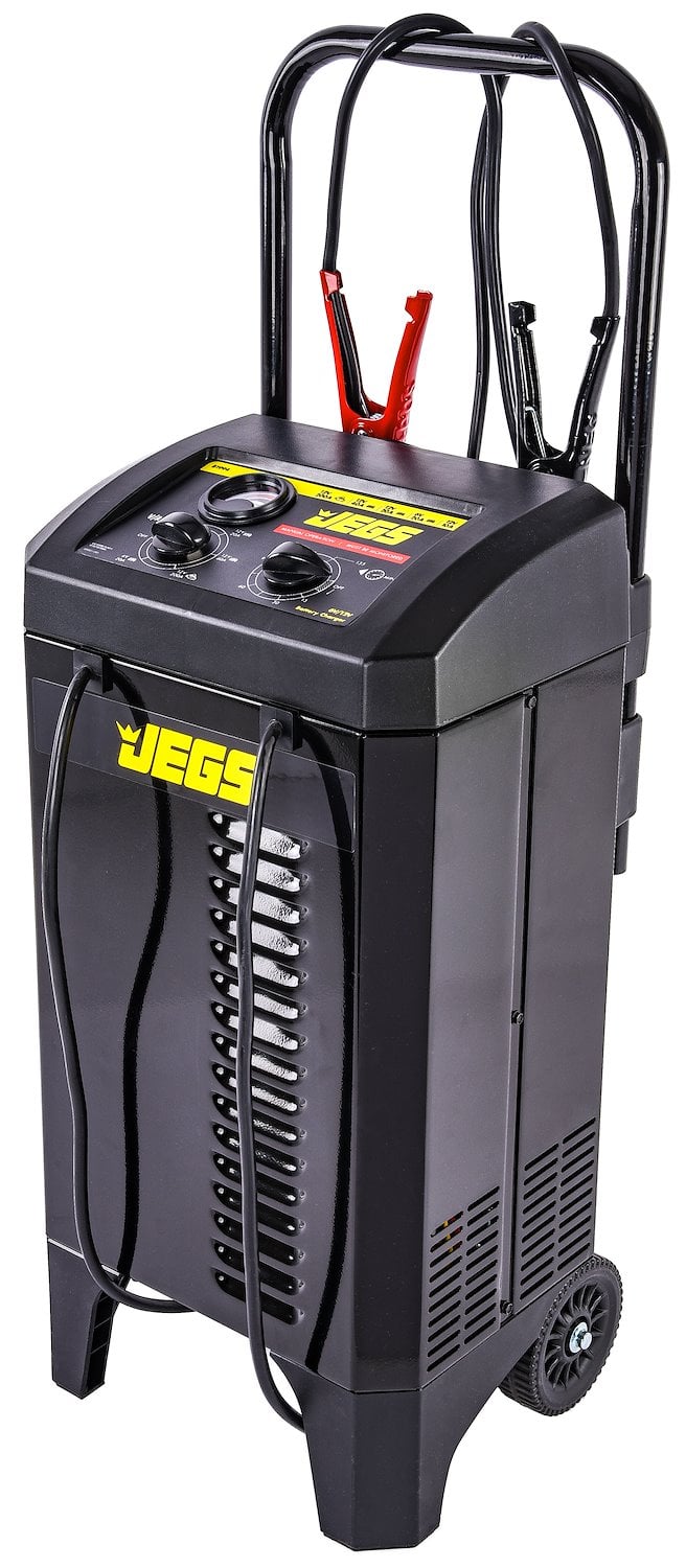 JEGS 81994: Battery Charger and Engine Starter | 200 Amp | 6 or 12 Volt |  Manual Operation | 135-Minute Timer | 8-Gauge Cables Color coded clamps |  Wheeled | Retractable Handle | Rugged Use - JEGS