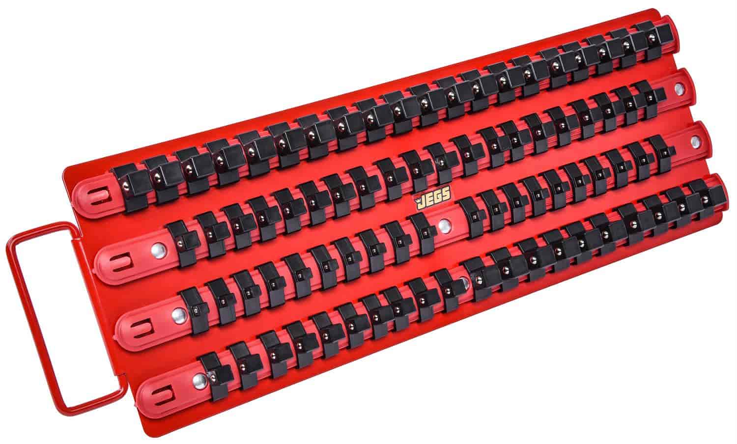 JEGS 85046: Socket Organizer | Holds 80 Sockets | Red | 1/4 in., 3/8 in., &  1/2 in. Drives | Steel Construction | Adjustable Handle - JEGS