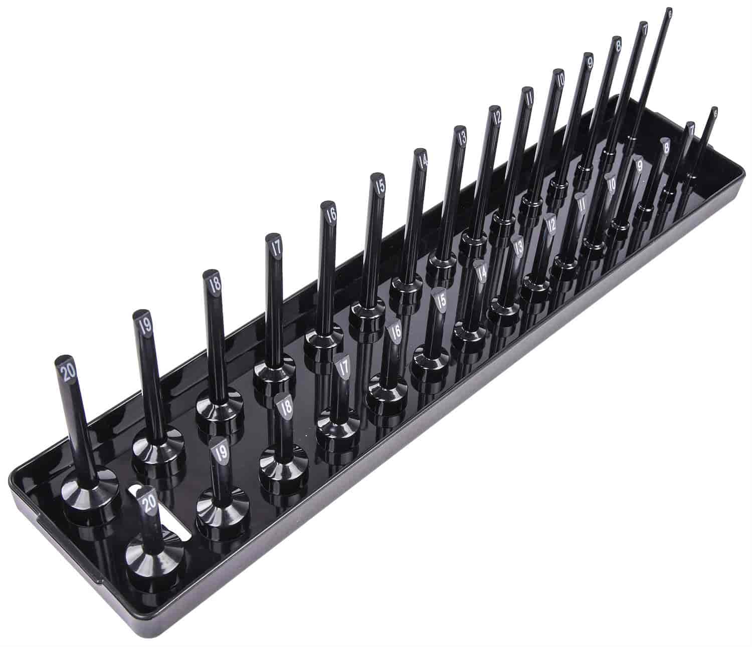 JEGS 85070: Socket Organizer 3/8 in. Drive Metric mm 20 mm  Holds 30 Sockets Black ABS Plastic JEGS