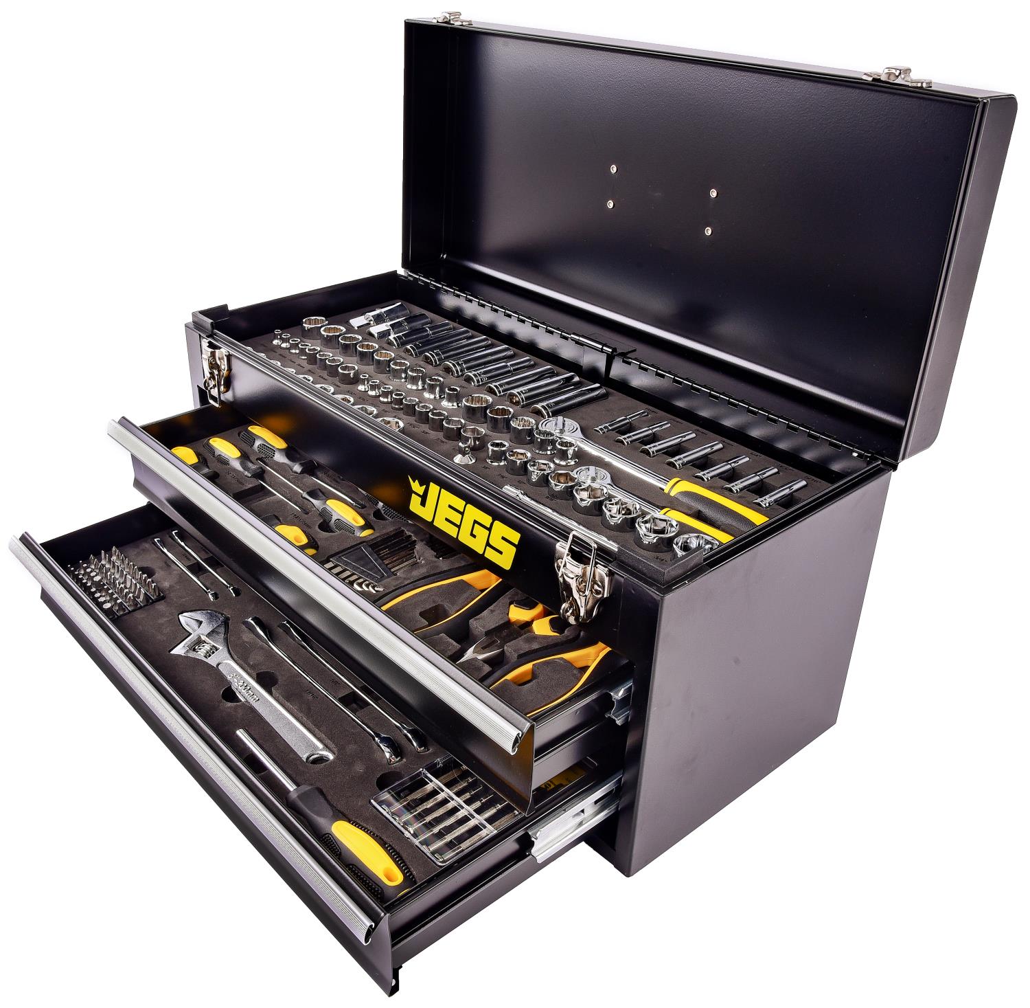 JEGS 85325: Mechanic's Tool Box Set | 170-Piece | Black Powdercoated Steel  | Includes: (1) Tool Box, (67) 1/4 in. & 3/8 in. Sockets, (3) Extenders,  (1) Adapter, (2) Ratchets, (28) Wrenches, (14) Screwdrivers, (3) Pliers,  (50) Bits - JEGS