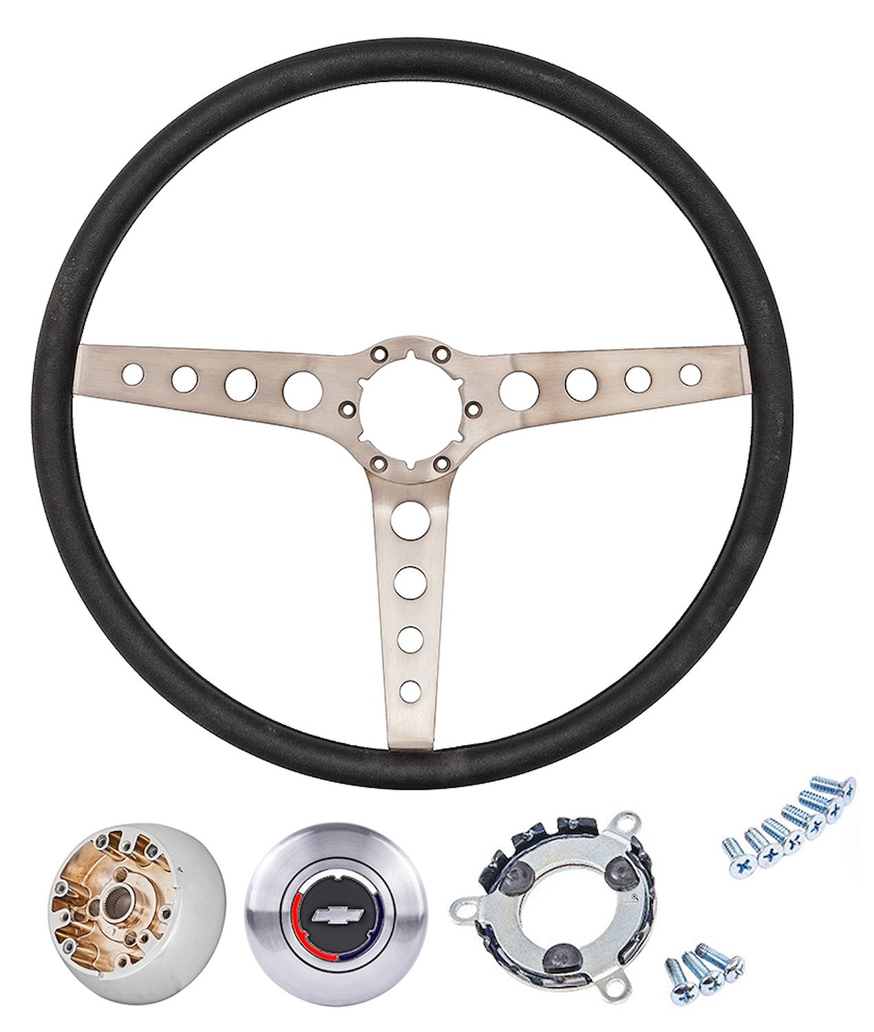 3-Spoke Steering Wheel Kit Fits Select 1960-1975 GM Trucks, 1969-1972 GM Cars [Round Holes, Black Grip, Chrome Hub]