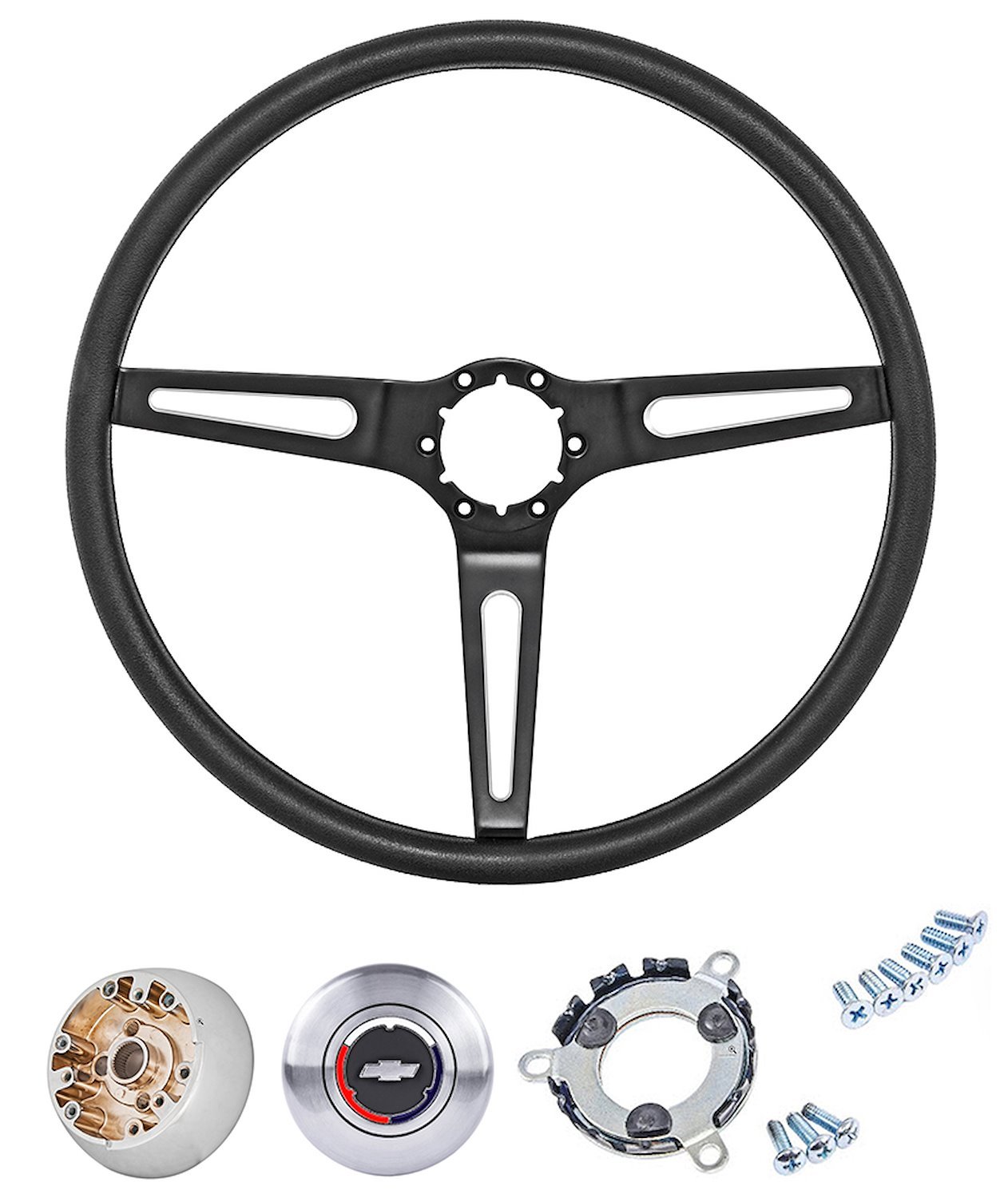 Black 3-Spoke Steering Wheel Kit Fits Select 1960-1975 GM Trucks, 1969-1972 GM Cars [Stainless Steel Outer Ring, Black Grip/Chro