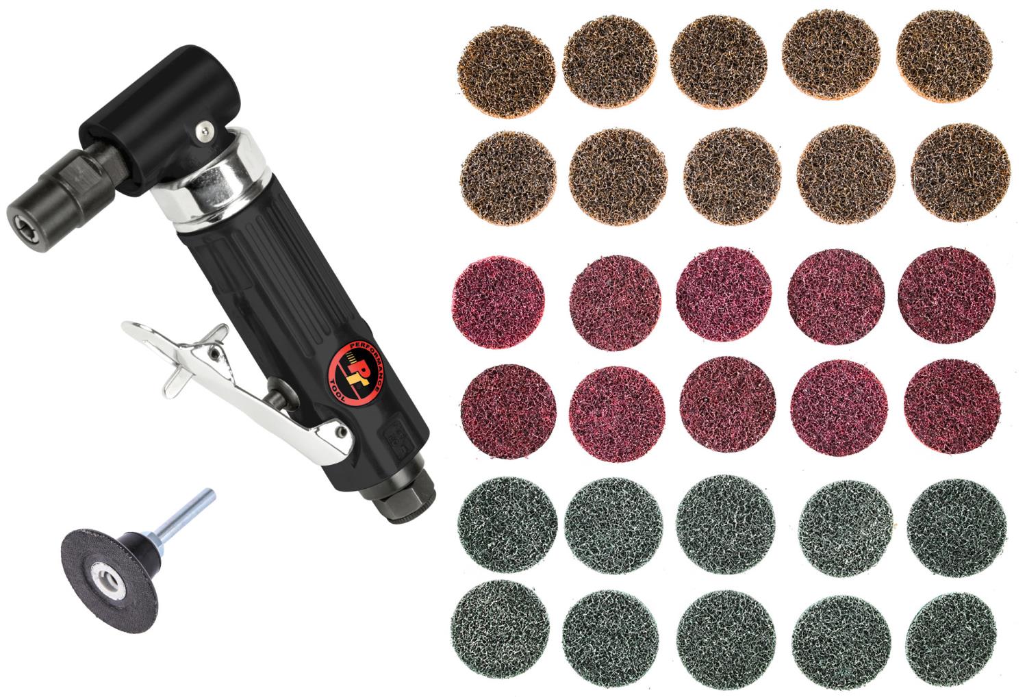 JEGS M656K: Die Grinder Kit | Includes: 1/4 in. Angle Head Die Grinder, 2  in. Backup Pad, 2 in. Surface Conditioning Disc Assortment - JEGS