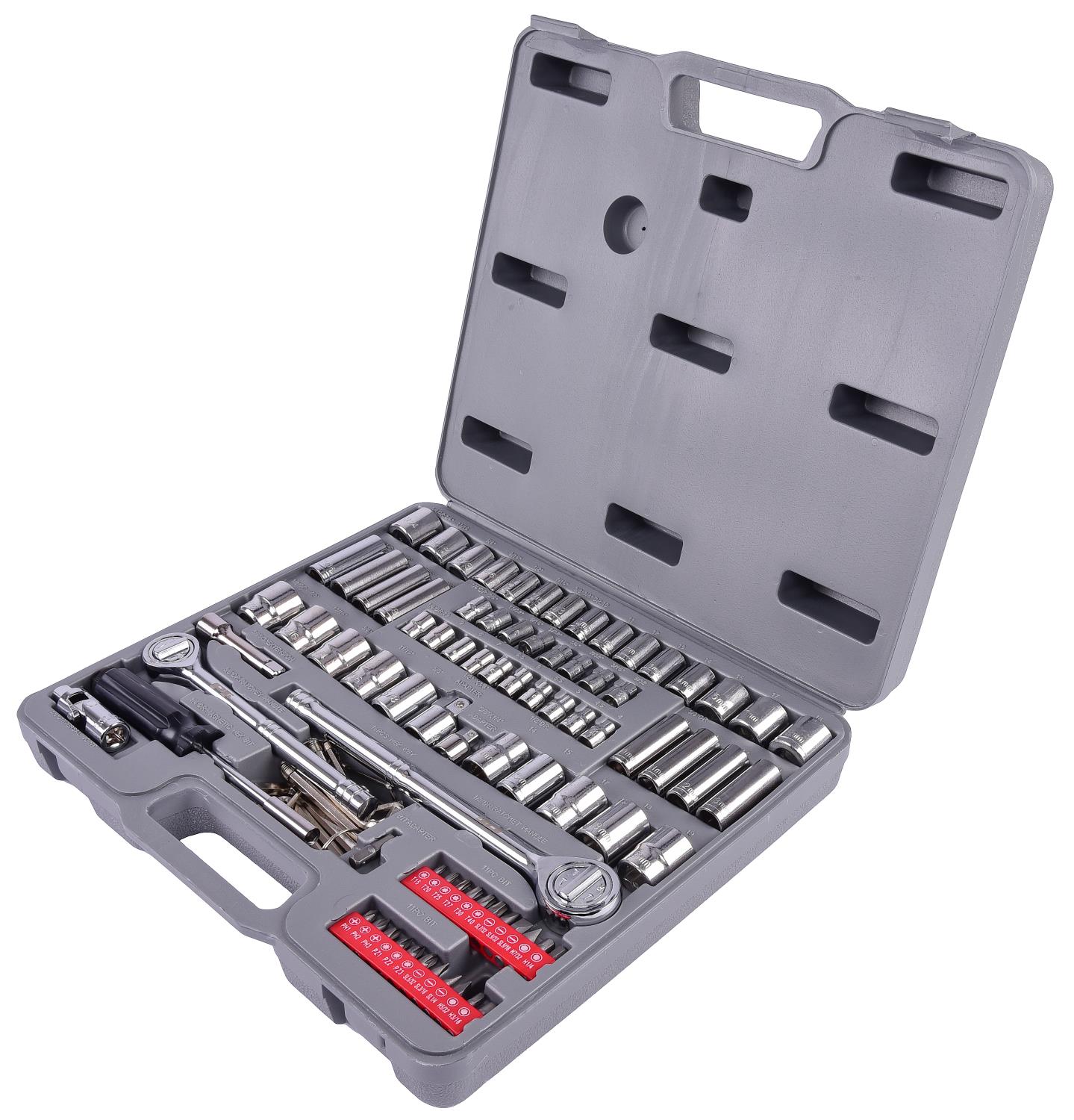 JEGS W1198: 100-Piece Socket  Bit Set with Carry Case Includes: (2)  Ratchets, (1) Extension, (1) U-Joint, (2) Adapters, (18) 1/4 in. Sockets,  (15) 3/8 in. Sockets, (10) 1/2 in. Sockets, (22) Bits w/ Driver, (16) Hex  Keys JEGS