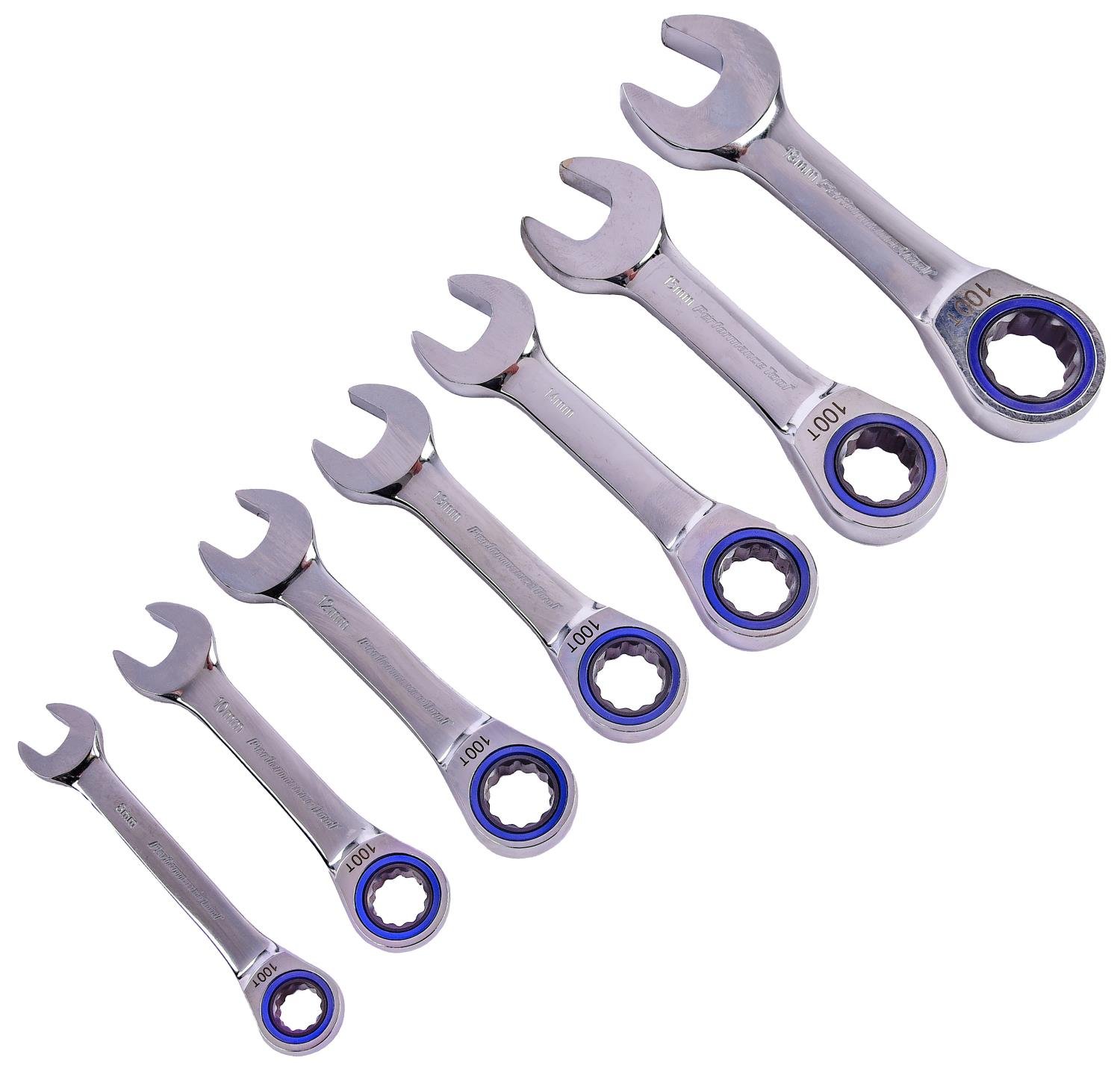 JEGS W30635: Ratchet Wrench Set Metric Gears: 100 Tooth 3.6 Degree  Sweep Stubby with Low-Profile Heads Chrome Vanadium Steel Includes:  mm, 10 mm, 12 mm, 13 mm, 14 mm, 15 mm,  18 mm, Storage Rack JEGS