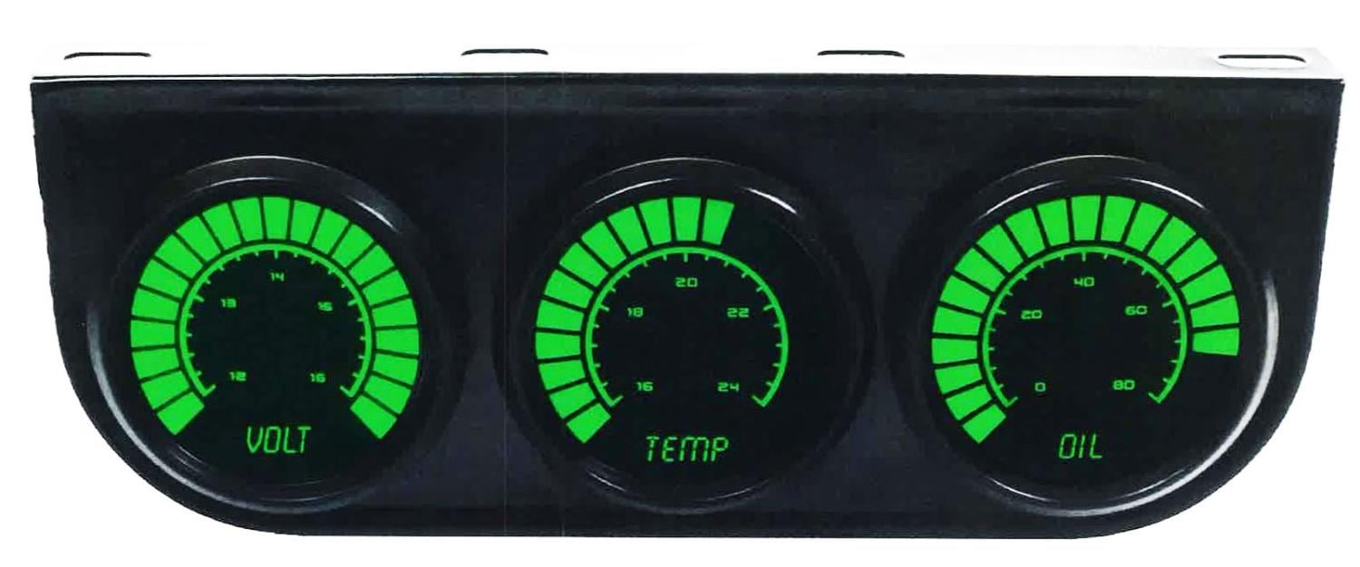 LED Bar Graph 3-Gauge Oil/Water/Volt Combo with Black Bezel [Green]