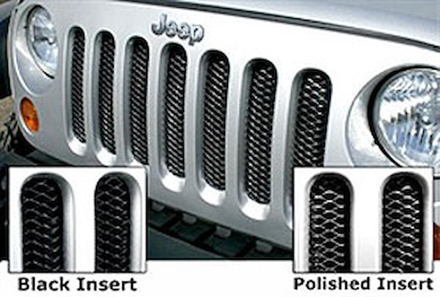 GRILLE 3D SINGLE PIECE FORMED STEEL DUAL COLOR GLOSS BLACK WITH CLEAR COAT POLISHED HIGHLIGHTS 07-10 JEEP JK 2-4 DR