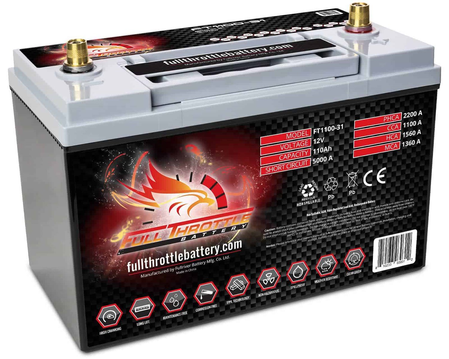 FT1100-31 FT-Series AGM 12 V Battery, Group: 31, 1100 CCA, 110 AH, Brass SAE Terminal RHP