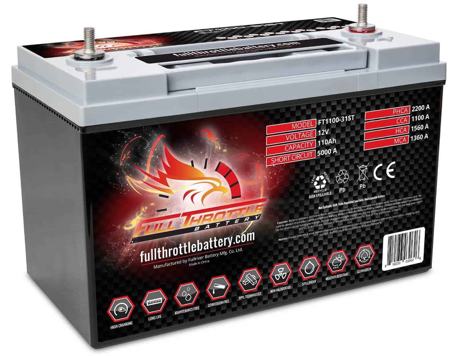 FT1100-31ST FT-Series AGM 12 V Battery, Group: 31, 1100 CCA, 110 AH, 3/8" Stud Terminal RHP