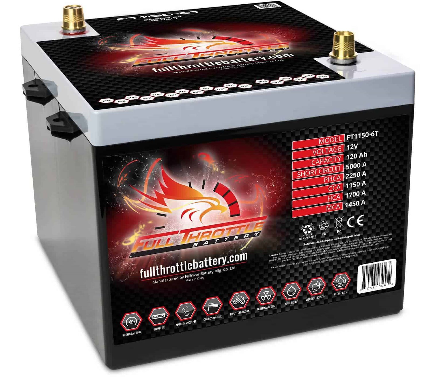 FT1150-6T FT-Series AGM 12 V Battery, Group: 6TL, 1150 CCA, 120 AH, Brass SAE Terminal
