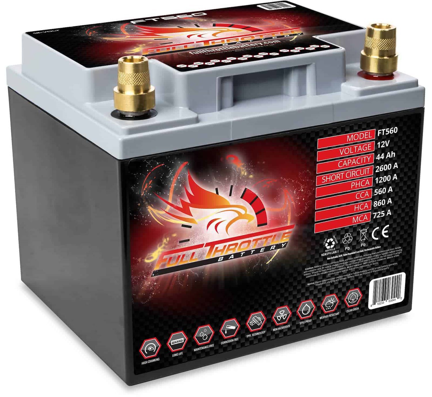 FT560 FT-Series AGM 12 V Battery, Group: 26R, 560 CCA, 44 AH, Brass SAE Terminal RHP