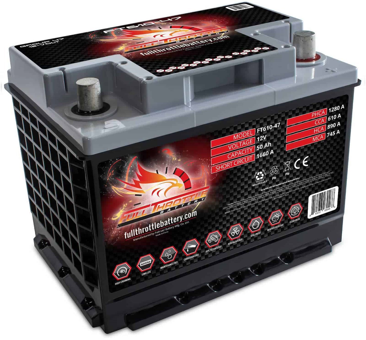 FT610-47 FT-Series AGM 12 V Battery, Group: 47/L2/H5, 610 CCA, 50 AH, Brass SAE Terminal RHP