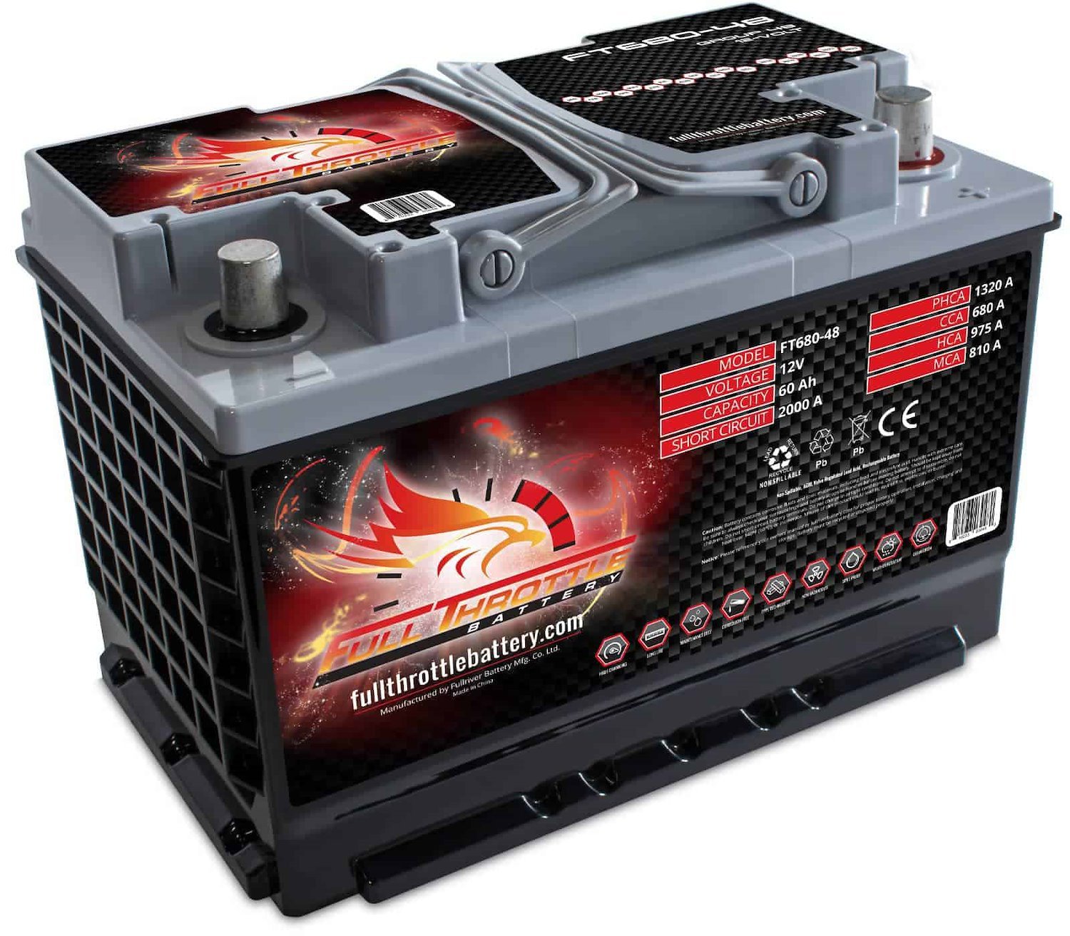 FT680-48 FT-Series AGM 12 V Battery, Group: 48/L3/H6, 680 CCA, 60 AH, Brass SAE Terminal RHP