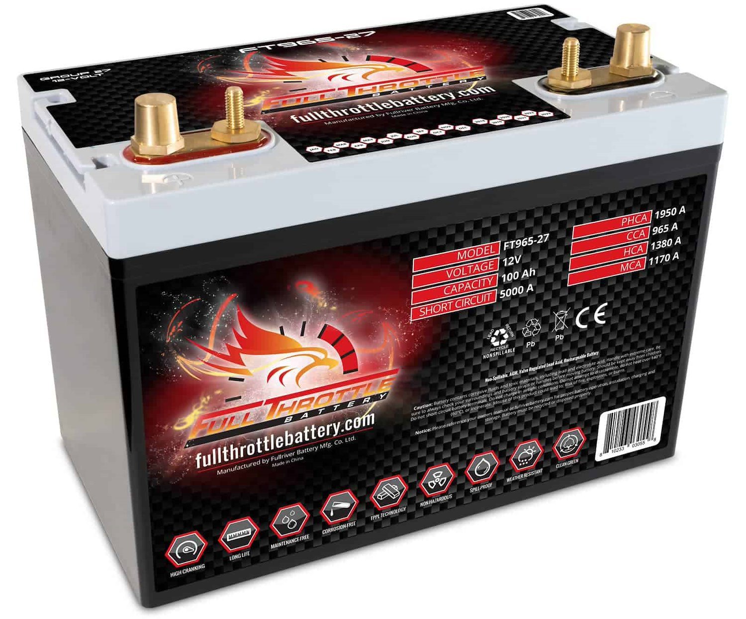 FT965-27 FT-Series AGM 12 V Battery, Group: 27, 965 CCA, 100 AH, Brass SAE & Stud Terminal