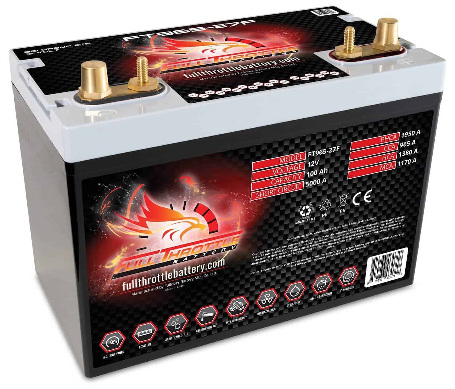 FT965-27F FT-Series AGM 12 V Battery, Group: 27F, 965 CCA, 100 AH, Brass SAE & Stud Terminal
